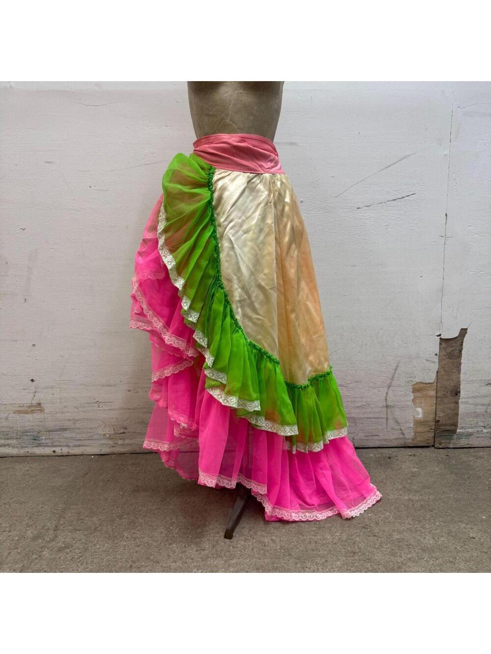 Vintage Broadway Costume 70s Neon Ruffle Maxi Wrap Skirt